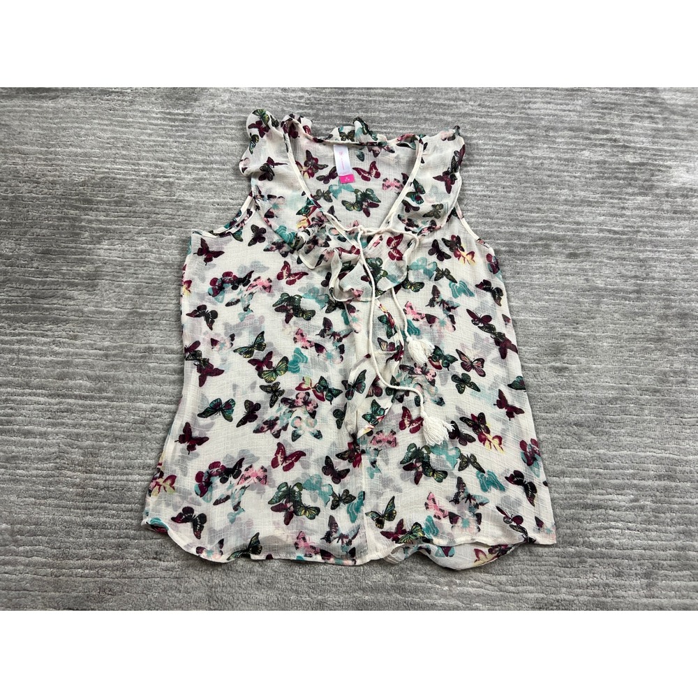 No Boundaries Top Womens M White Butterfly Print Ruffle V-Neck Tassel NJ37T173J